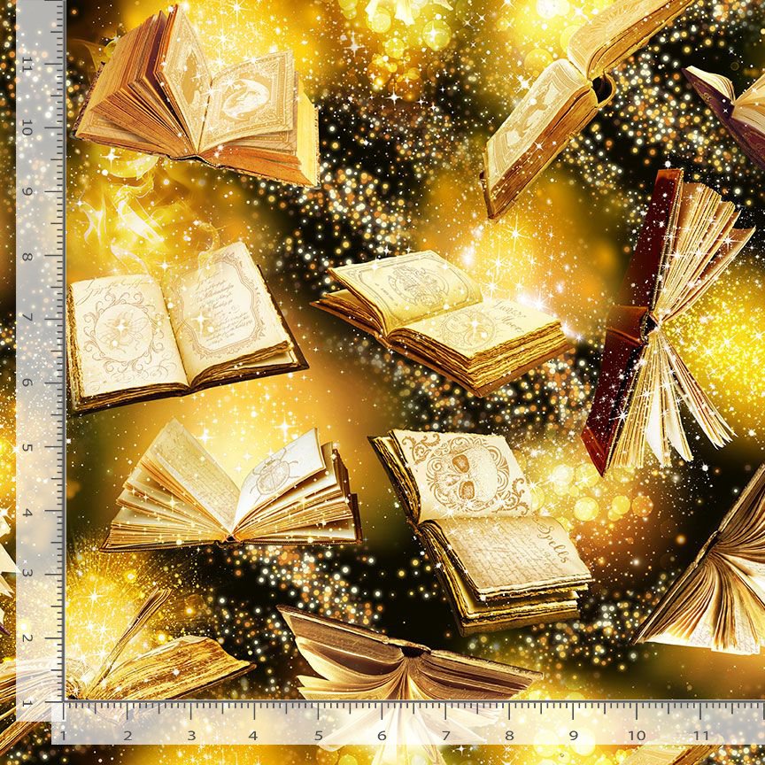 Timeless Treasures Magic Flying Spell Books Gold Remnant (32cm x 112cm TT Mystic Library 2)