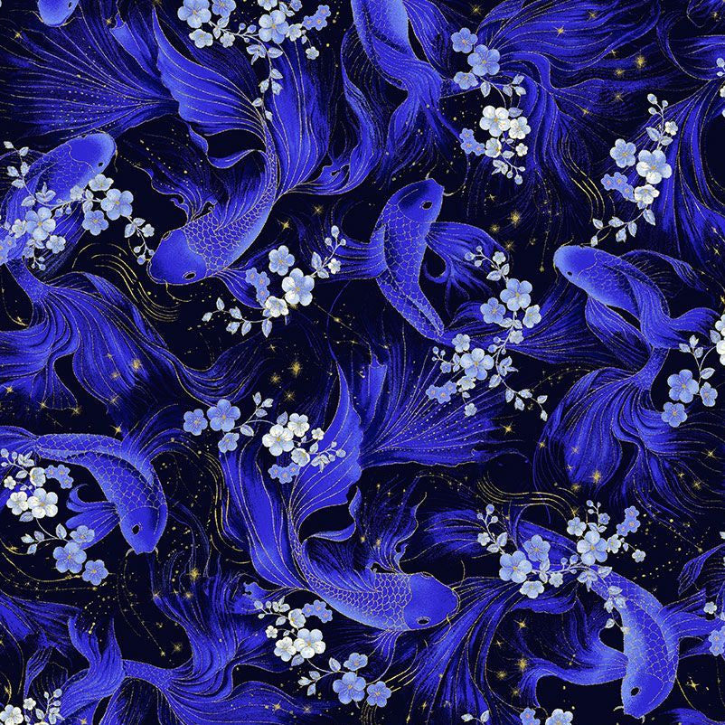Timeless Treasures Majestic Metallic Butterfly Koi Fish Blue Remnant (26cm x 112cm TT Moonlight 6)