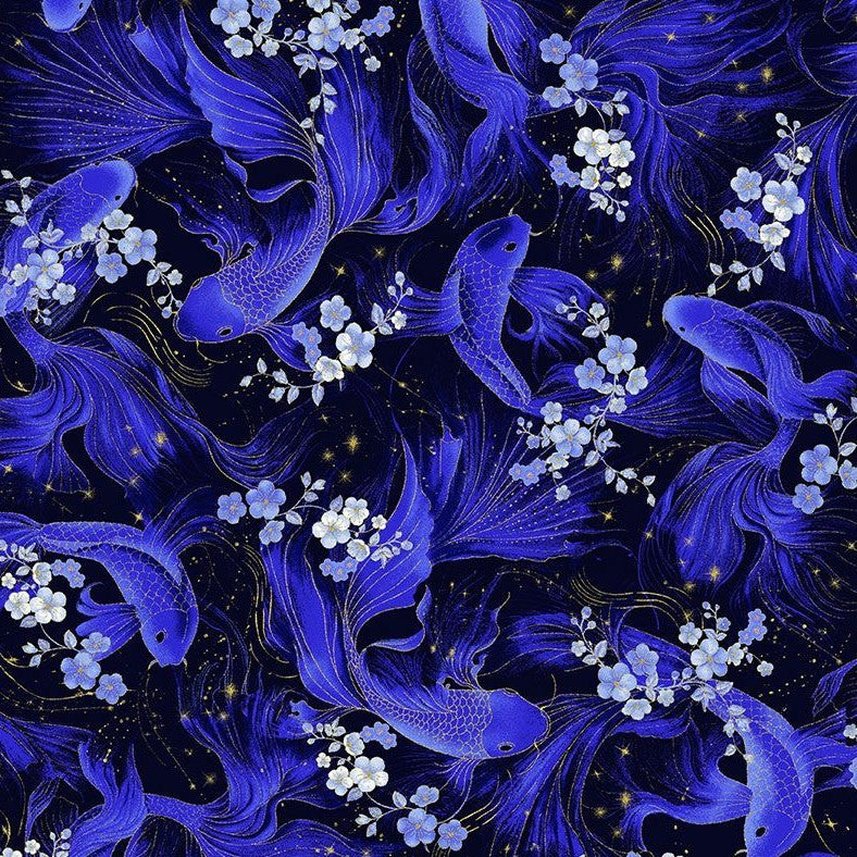 Timeless Treasures Metallic Butterfly Koi Fish Blue (TT Moonlight 6)