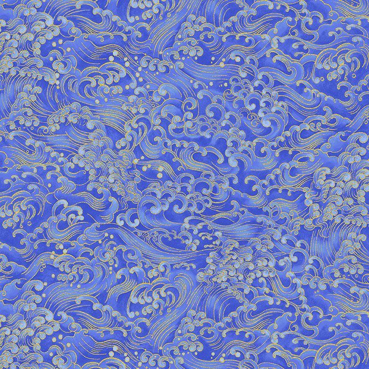 Timeless Treasures LOTUS CM3994 WAVE – Japanese Wave Fabric – Metallic Blue – 100% Cotton Quilting Fabric (TT Moonlight 8)