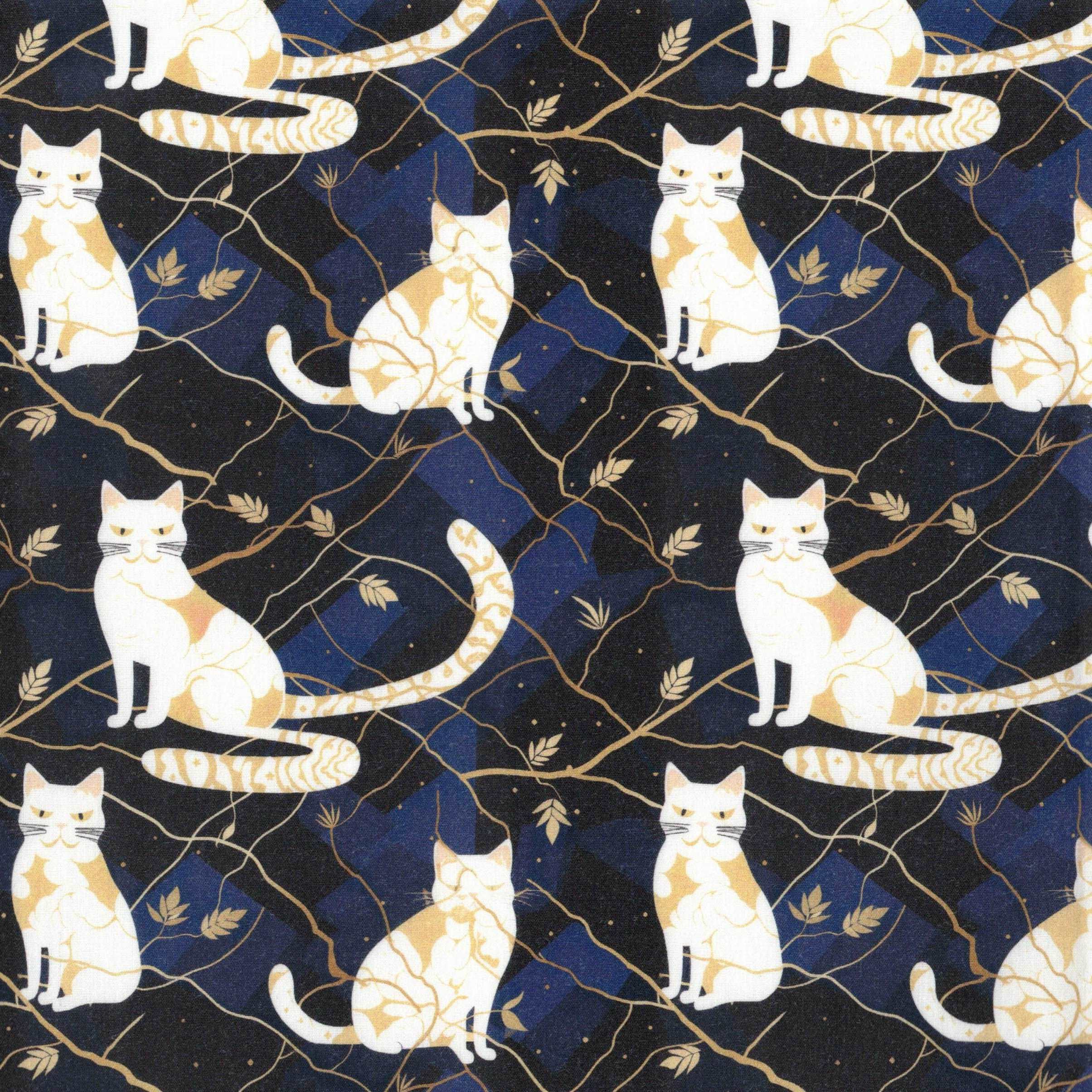 Quirky Cottons Feline Cat Pet Gold Animal Dark Blue (QC Regency Cats- 1 METRE PIECE)