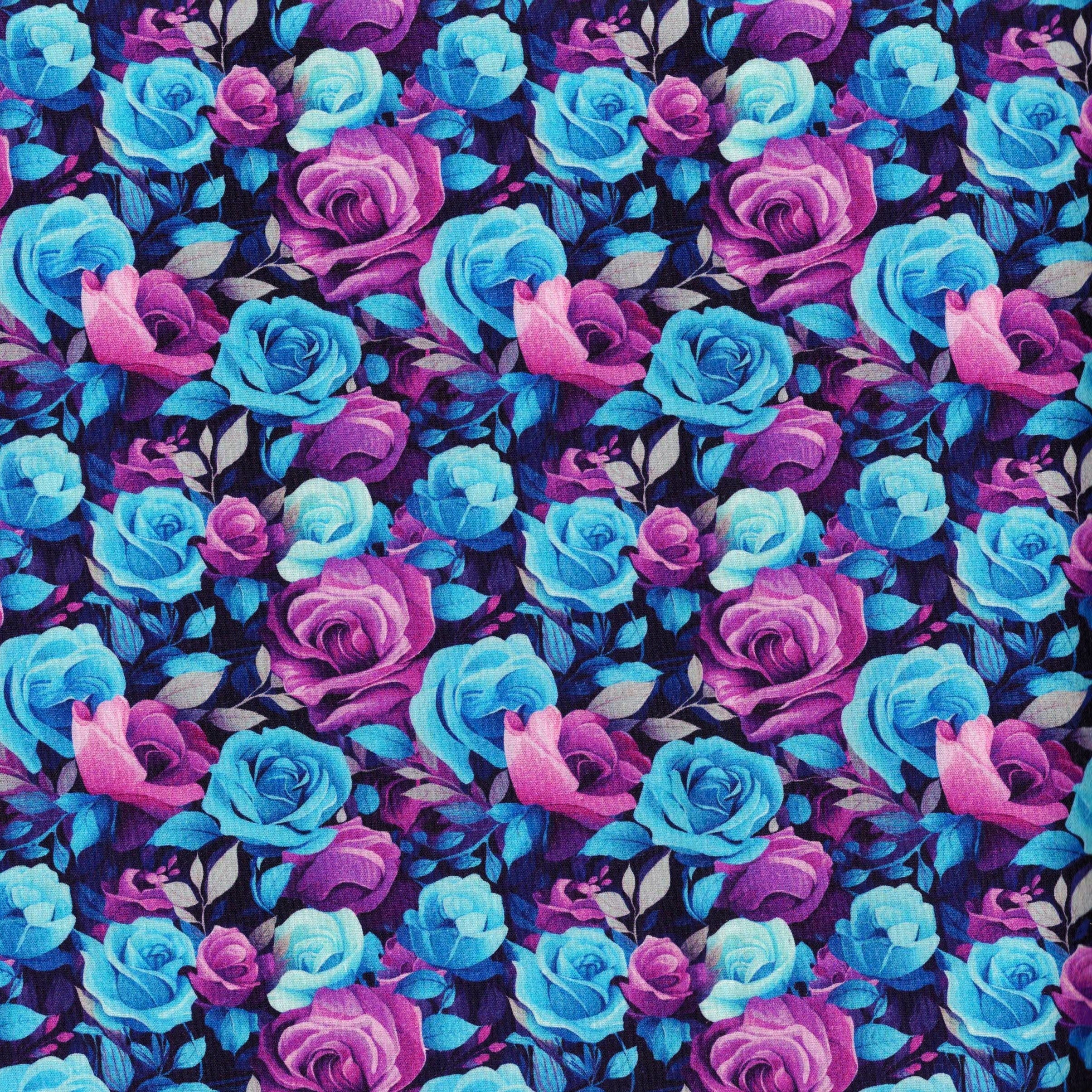 PRE-ORDER Quirky Cotton Flowers Packed Roses Floral Nature Purple Teal (PRE-ORDER QC Purple & Teal Roses )