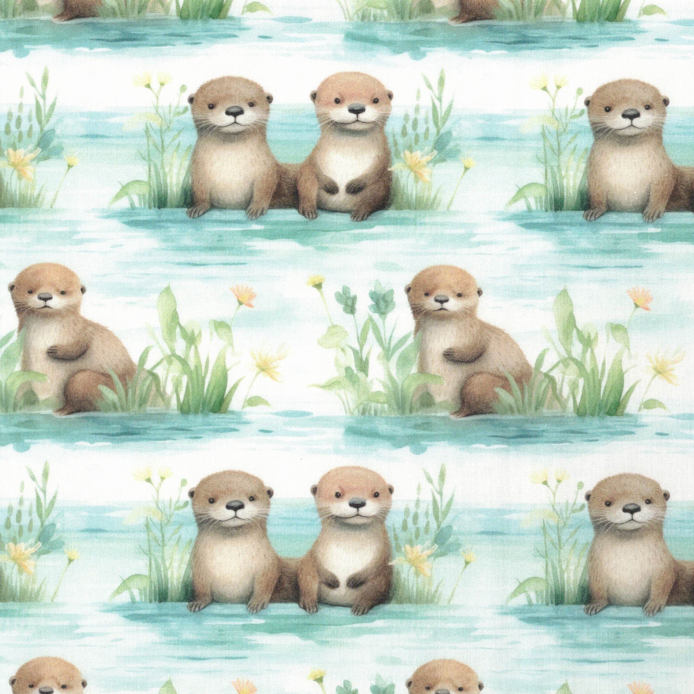 PRE-ORDER Quirky Cotton Animal Nature Wildlife Pup Mammal Aquatic Rivers Sea Light Blue (PRE-ORDER QC Baby Otters)