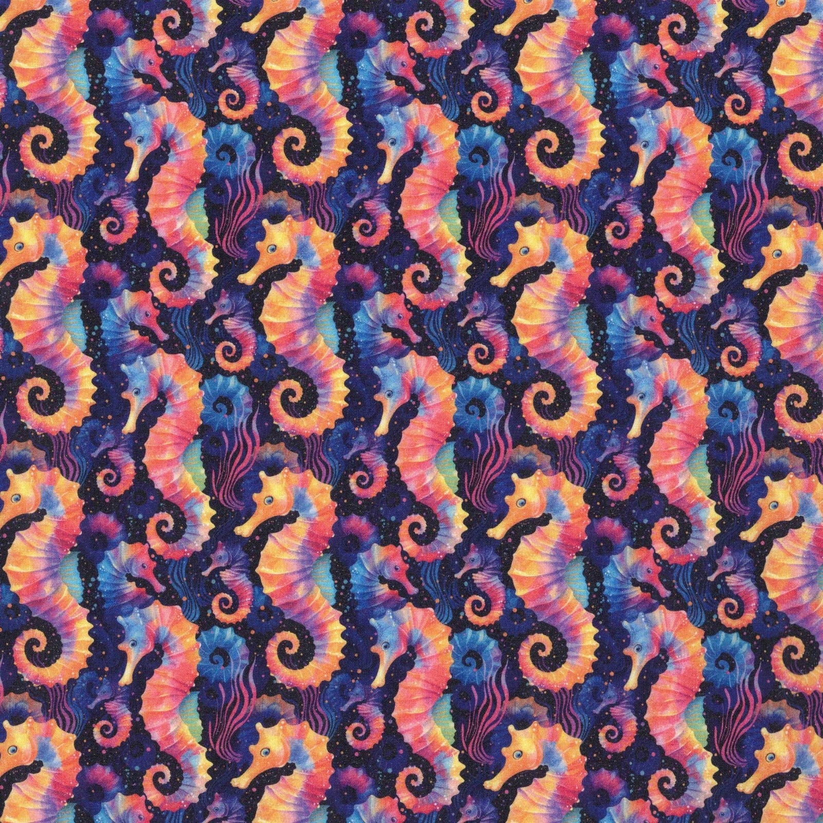 Quirky Cottons Animal Nature Wildlife Tropical Fish Marine Aquatic Ocean Sea Multi-Coloured Remnant (49cm x 156cm QC Rainbow Seahorses)