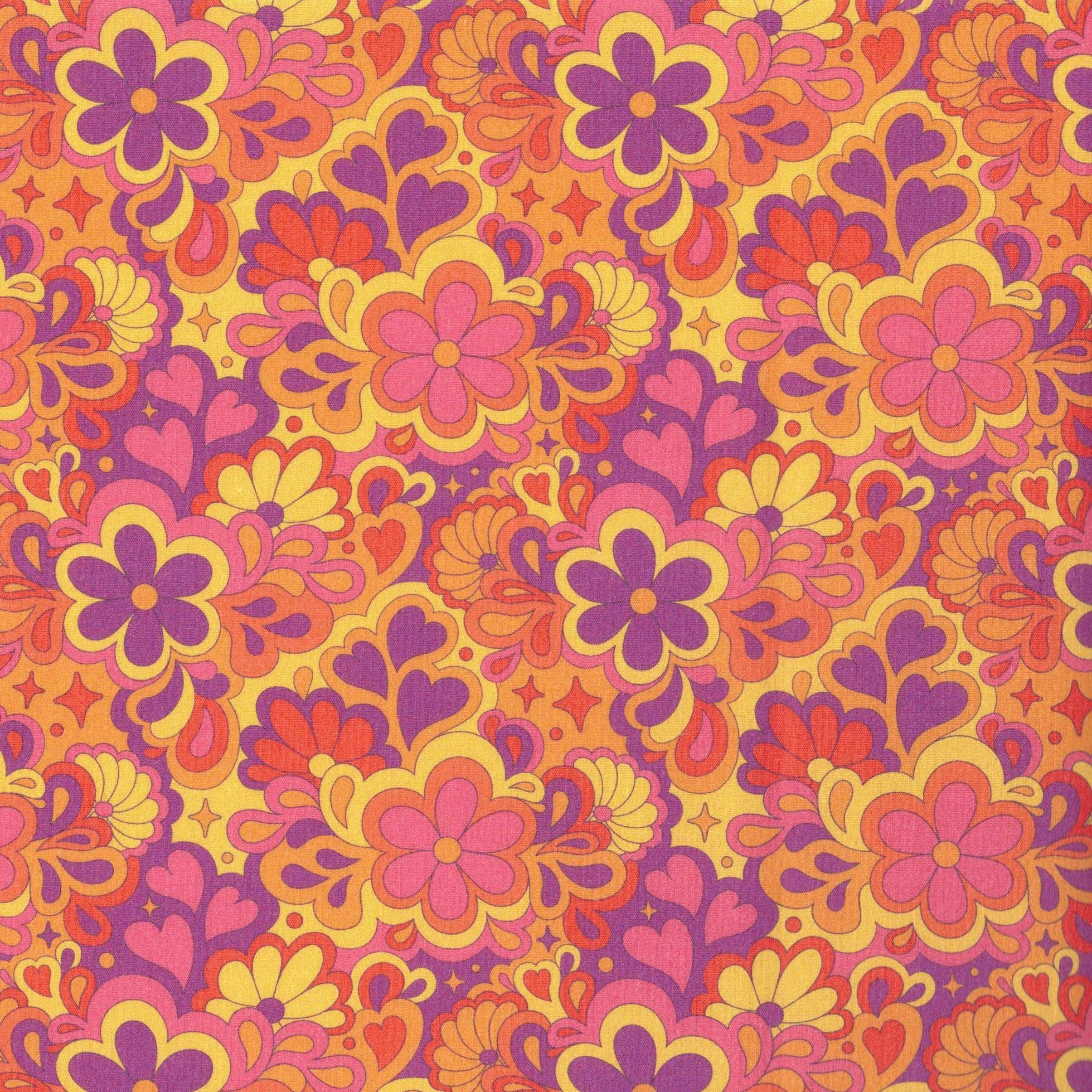 Quirky Cottons Retro Old School Psychedelic Hippie Design Hearts Orange (QC Groovy Flowers 1- METRE PIECE)