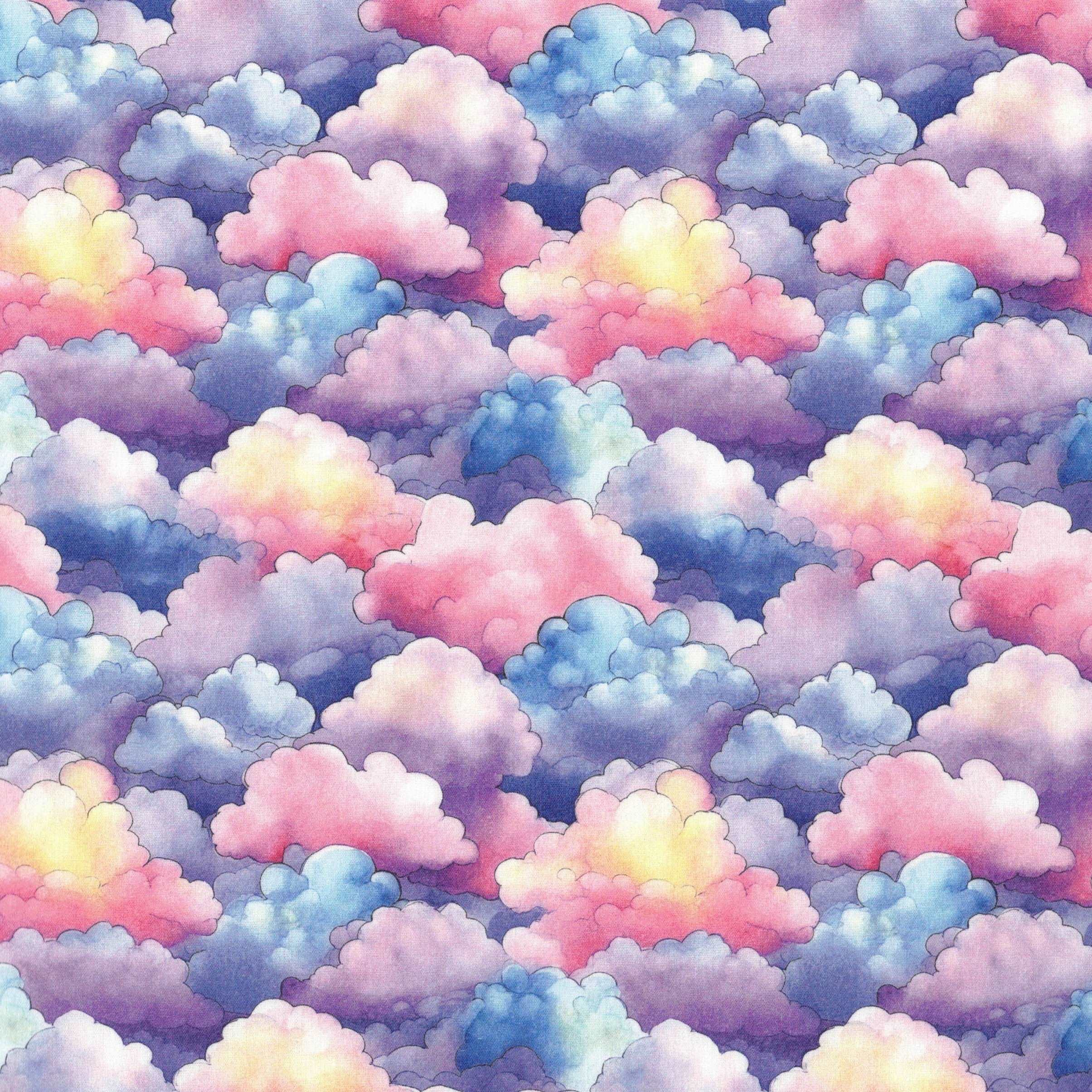 Quirky Cotton Fluffy Round Cloud Sky Nature Pink Blue (QC Watercolour Clouds- 1 METRE PIECE)