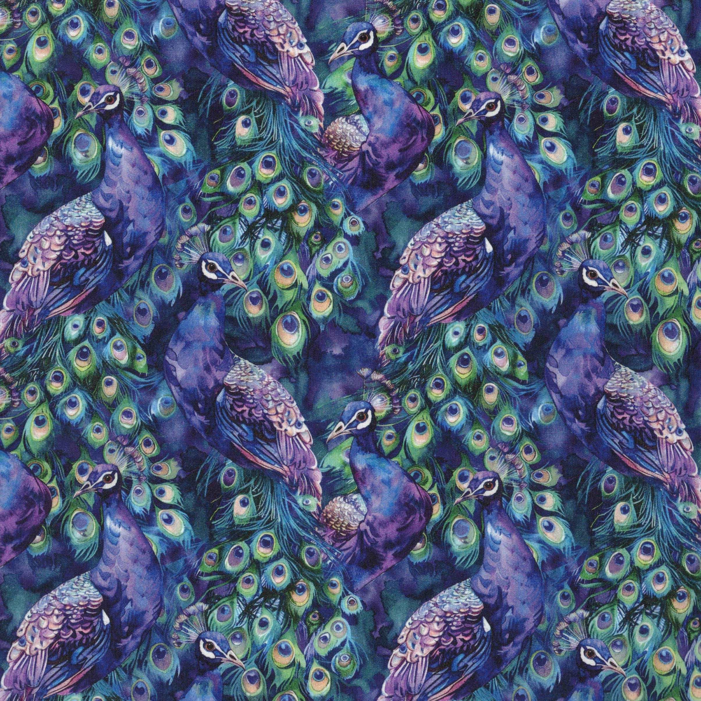 Quirky Cottons Animal Wildlife Elegant Bird Peafowl Peahen Feathers Eyes Purple (QC Purple Peacocks- METRE PIECE)