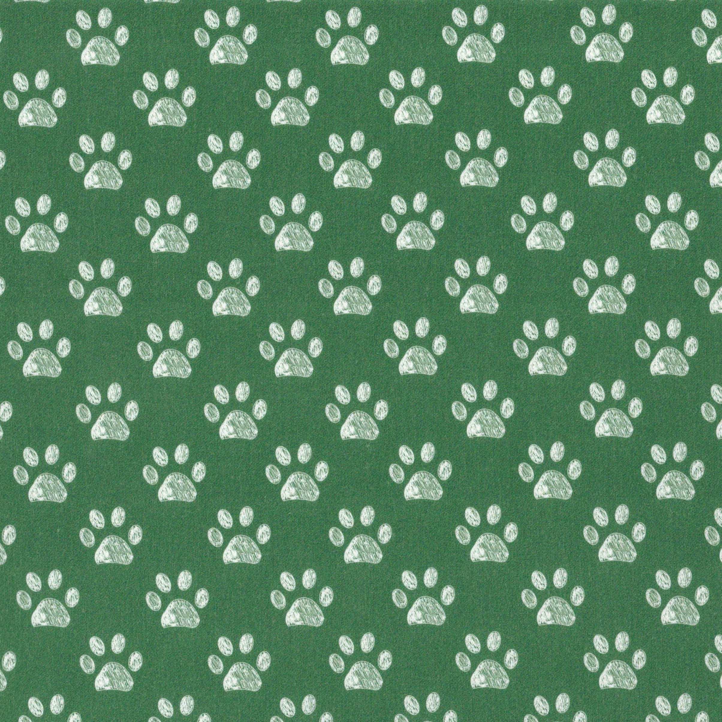 Quirky Cottons White Dog Animal Paw Prints Pattern Green (QC Doodle Paws- 1 METRE PIECE)