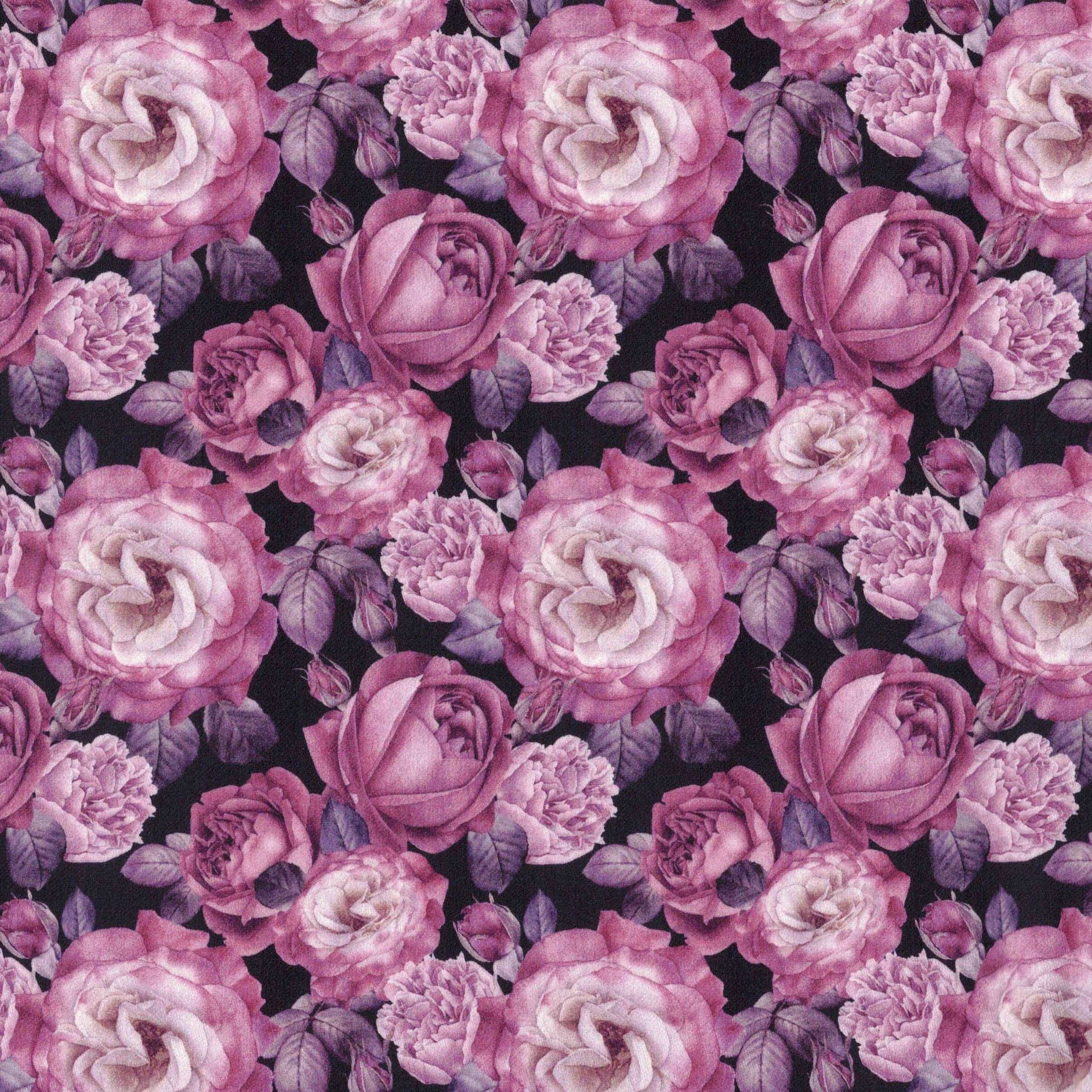 Quirky Cottons Purple Floral Flowers Nature Rose Bouquet Mauve (QC Watercolour Roses & Peonies- 1 METRE PIECE)