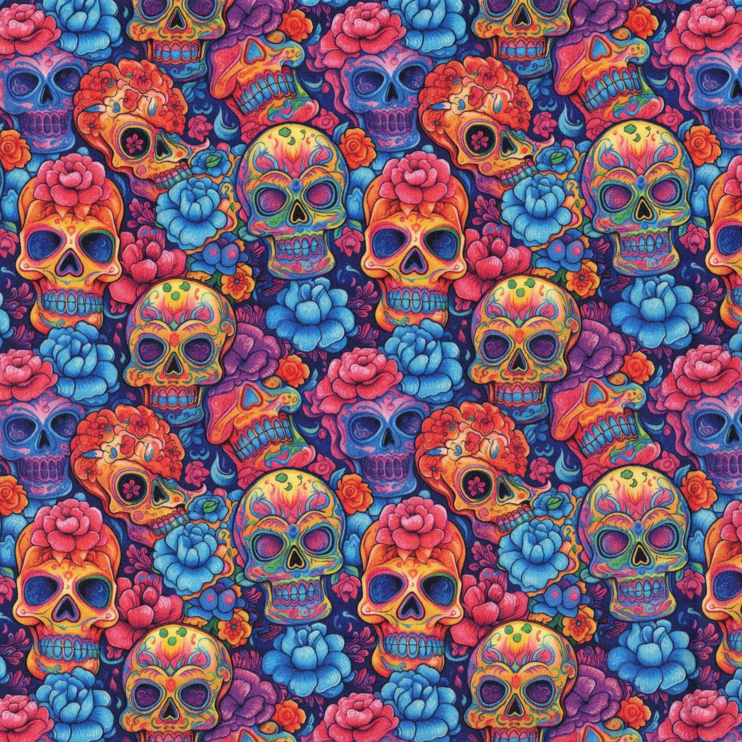 Quirky Cottons Halloween Floral Flowers Skull Bones Skeleton Multi-Coloured (QC Day Of The Dead- 1 METRE PIECE)