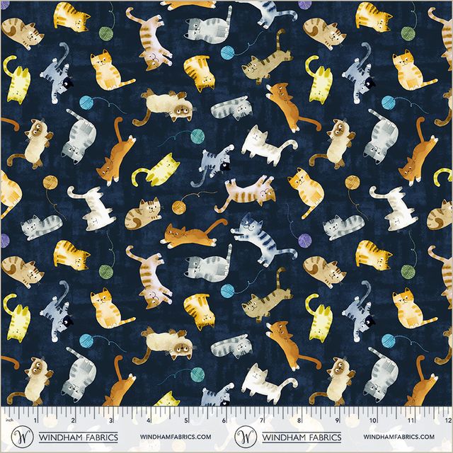 Windham 55001-4 Navy Cat Fabric – Quilting Cotton with Cute Cat Print for Sewing & Crafts (Windham Cats Around Town 1)