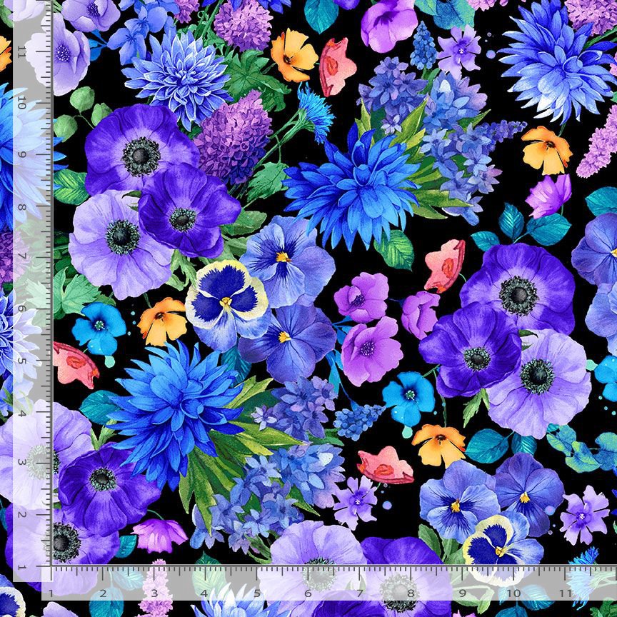Timeless Treasures MEADOW-CD3952 Black 100% Cotton Fabric Remnant (45cm x 112cm TT Meadow Bloom 2)