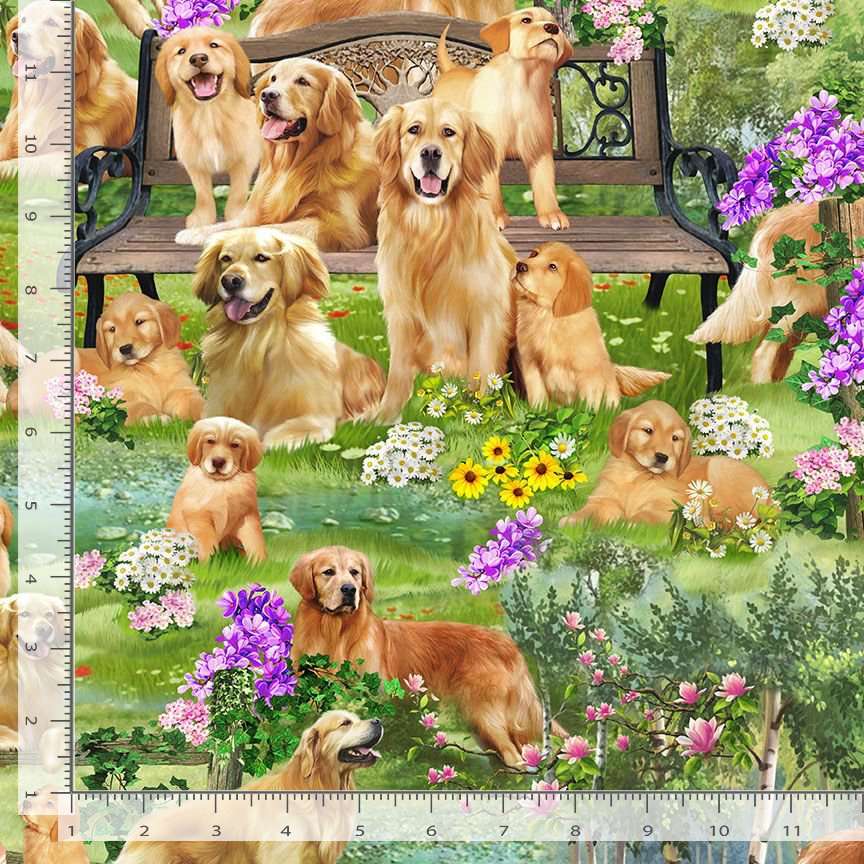 Timeless Treasures Golden Retriever Dog Animal Park Green (TT Howl You Doing? 1)