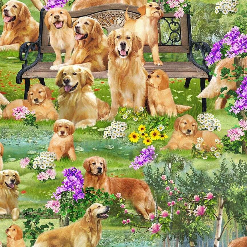 Timeless Treasures Golden Retriever Dog Animal Park Green (TT Howl You Doing? 1)