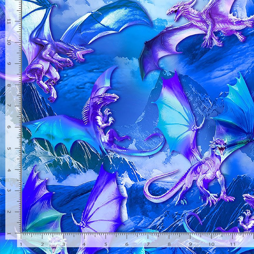 Timeless Treasures Enchanted Flying Dragon Creatures Fire Blue (TT Fantasy Dragons )