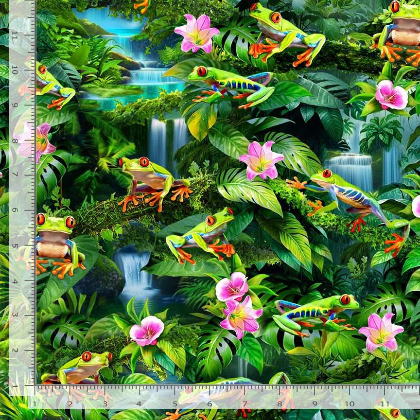 Timeless Treasures Frogs In The Rainforest Waterfall Amphibian Green Remnant (21cm x 112cm TT Tropical 2)