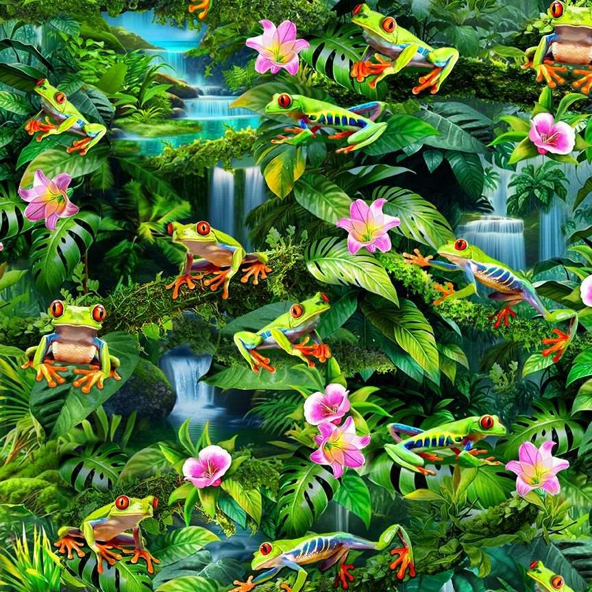 Timeless Treasures Frogs In The Rainforest Waterfall Amphibian Green Remnant (21cm x 112cm TT Tropical 2)