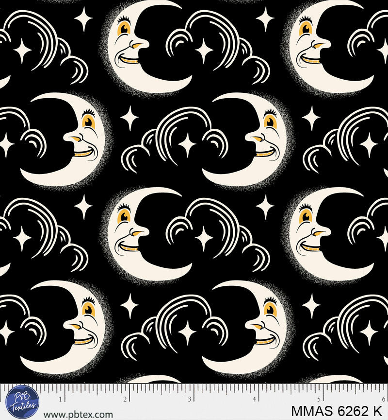 P & B Textiles MMAS 6262 K Midnight Masquerade Moon Face Halloween Black Quilting 100% Cotton Fabric for Sewing & Crafts (PB Midnight Masquerade 1)