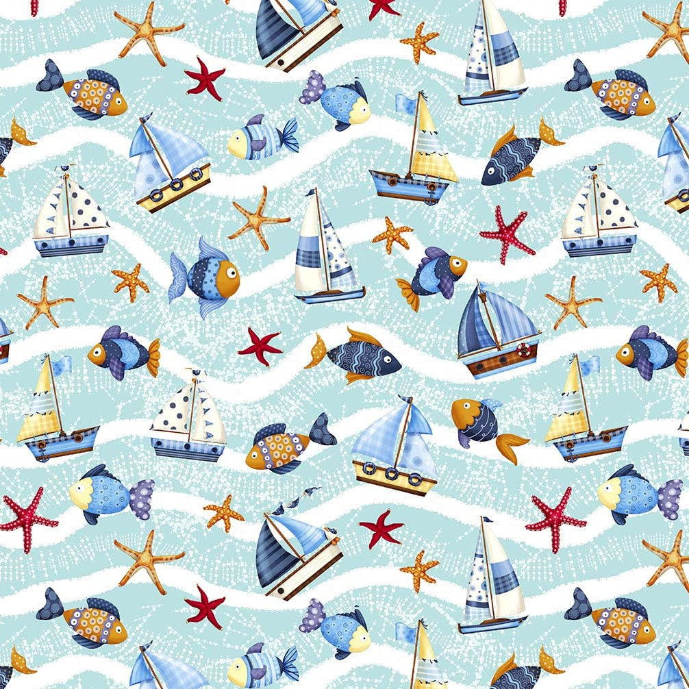 Michael Miller Sail La Vie Sail Away DCX12509 Aqua 100% Cotton Remnant (34cm x 112cm MM Sail Away 1)