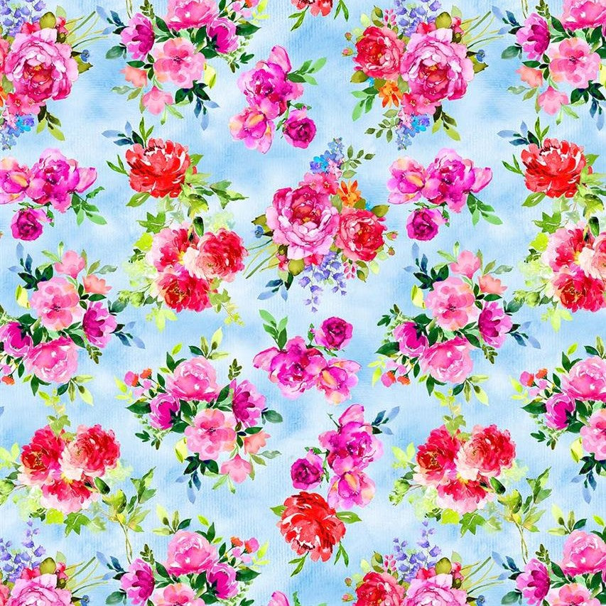 Michael Miller Under The Tuscan Sun Dream Bouquet Watercolour Floral Blue Remnant (43cm x 112cm MM Under The Tuscan Sun 1)