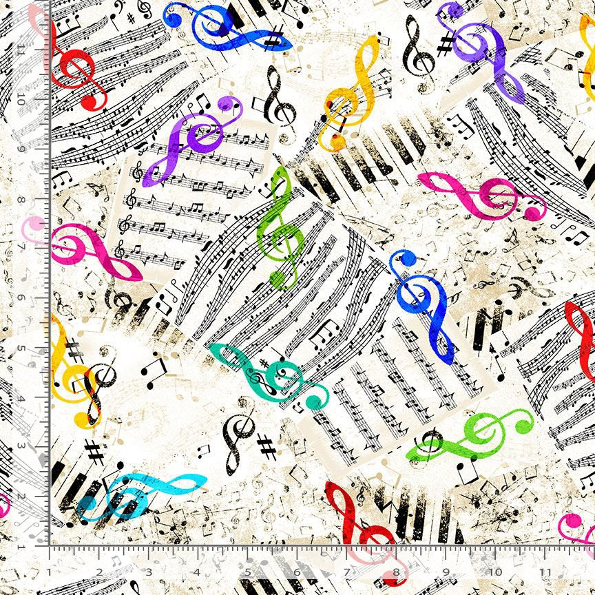 Timeless Treasures Bright Music Notes White Remnant (40cm x 112cm TT Jazz Fusion 2)
