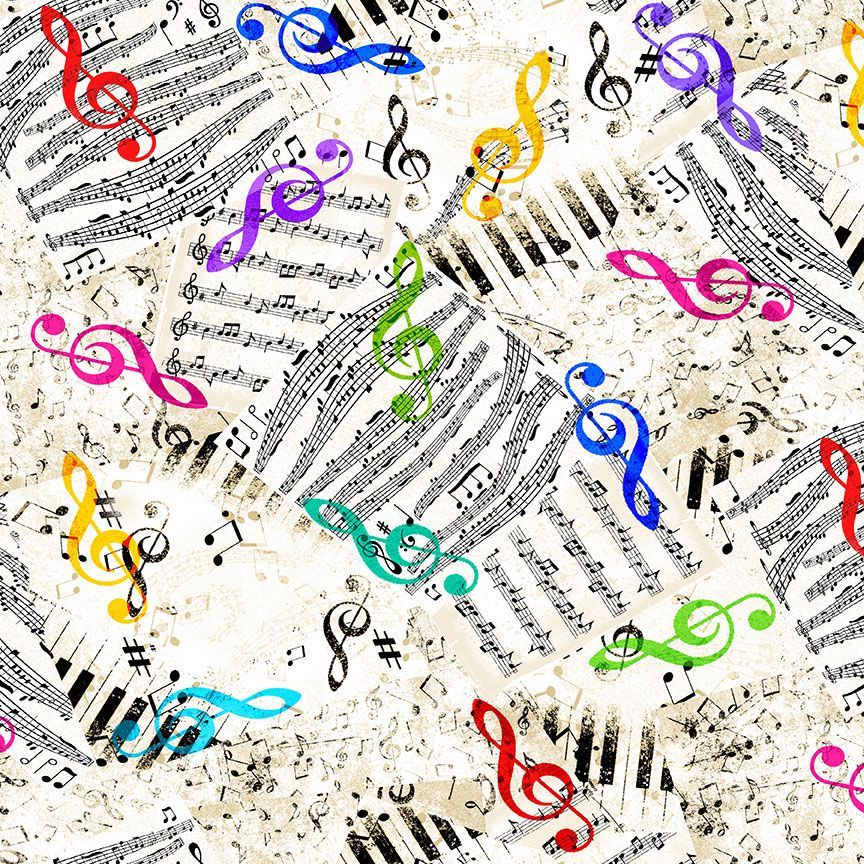 Timeless Treasures Bright Music Notes White Remnant (40cm x 112cm TT Jazz Fusion 2)
