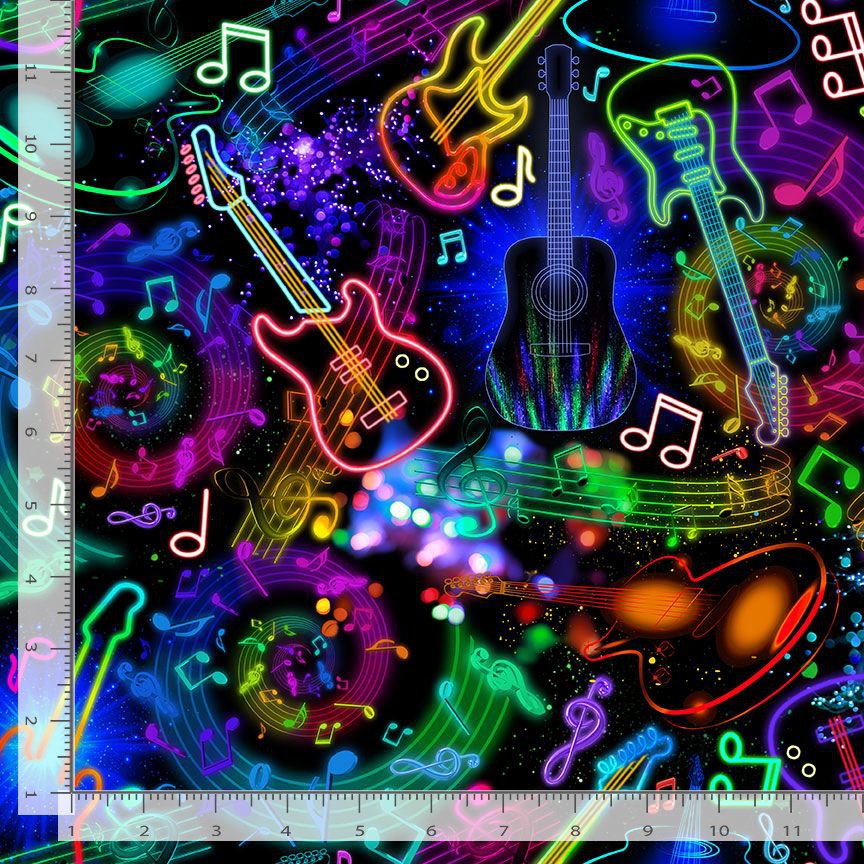 Timeless Treasures Neon Music Notes & Guitars Black Remnant (51cm x 54cm TT Rockstar 1)