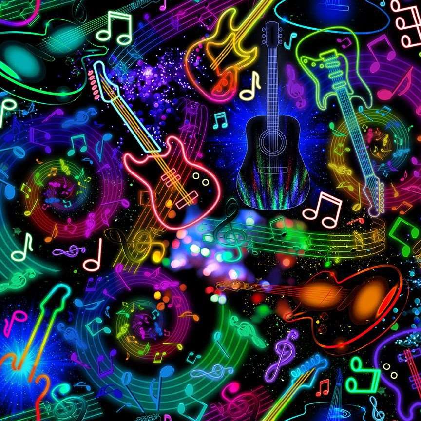 Timeless Treasures 100% Cotton Fabric Neon Music Notes & Guitars Black (TT Rockstar 1)