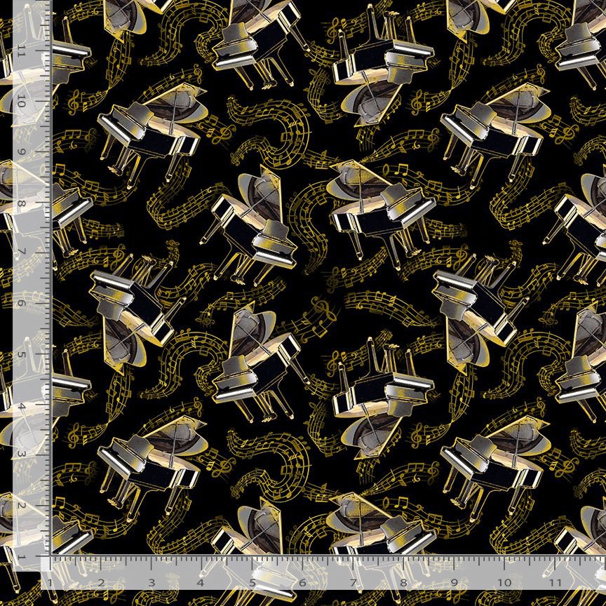 Timeless Treasures Grand Piano & Music Notes Black Metallic Remnant (50cm x 112cm TT Classical Music 1)