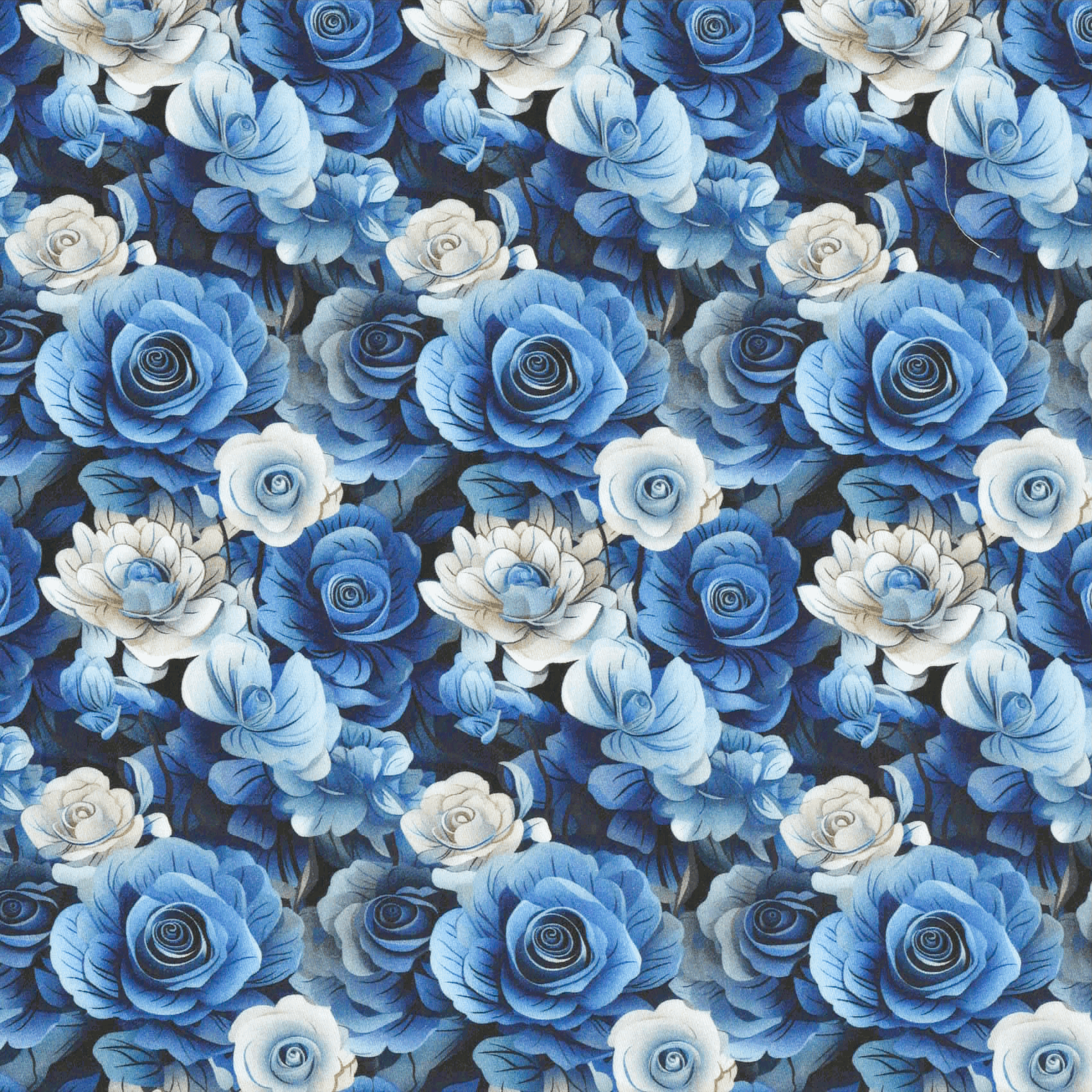 Quirky Cottons Blue & White Roses Petals Flowers Floral Deep Blue (QC Blue Bouquet-1 METRE PIECE)