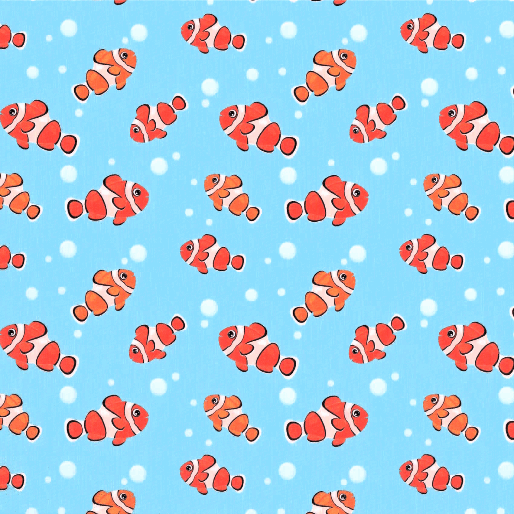 Quirky Cottons Orange Clownfish Bubbles Ocean Pet Fish Nemo Bright Light Blue (QC Cute Clownfish-1 METRE PIECE)