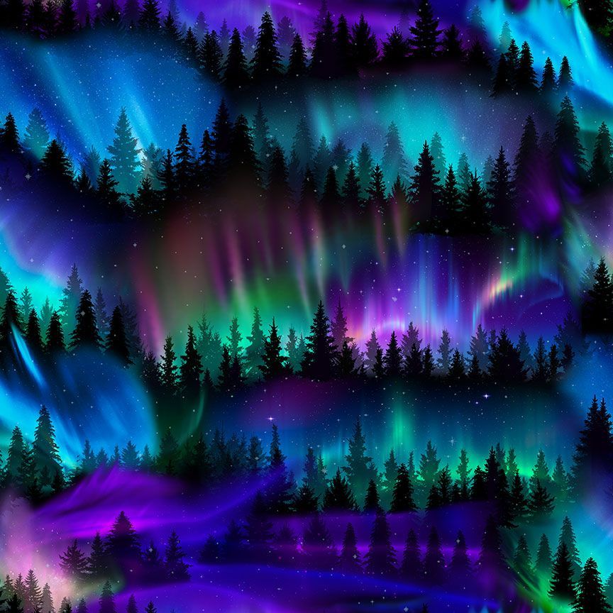 Timeless Treasures Trees Aurora Borealis Nature Multi-Coloured (TT Trees Aurora)