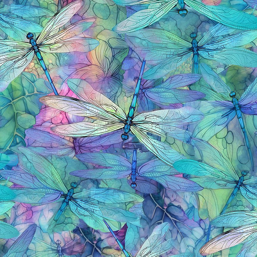 Timeless Treasures Packed Large Dragonflies Nature Insect Blue Turquoise Remnant (42cm x 112cm TT Dragonfly Illusion 1)
