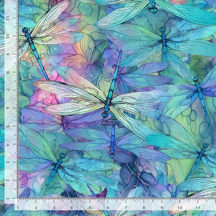 Timeless Treasures Packed Large Dragonflies Nature Insect Blue Turquoise Remnant (42cm x 112cm TT Dragonfly Illusion 1)