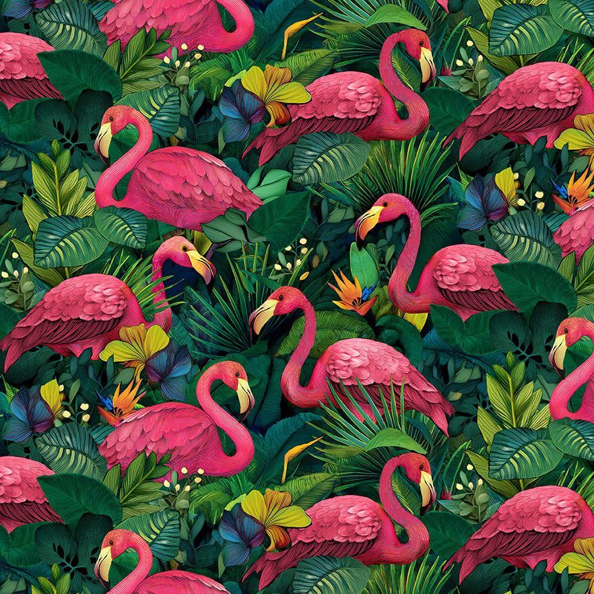 Timeless Treasures NATURE CD4557 Flamingos On Tropical Leaves Green 100% Cotton Fabric | Quilting, Dressmaking & Craft Fabric (TT Paradise Found 1)