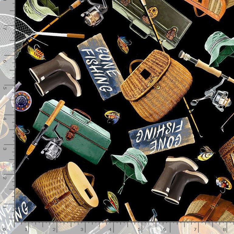 Timeless Treasures NATURE CD6403 BLACK Fishing Gear & Accessories 100% Cotton Fabric | Quilting, Dressmaking & Craft Fabric (TT Fishing Gear 1)