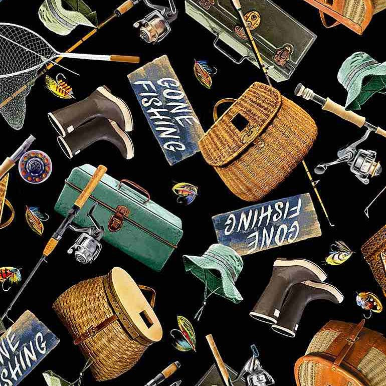 Timeless Treasures NATURE CD6403 BLACK Fishing Gear & Accessories 100% Cotton Fabric | Quilting, Dressmaking & Craft Fabric (TT Fishing Gear 1)