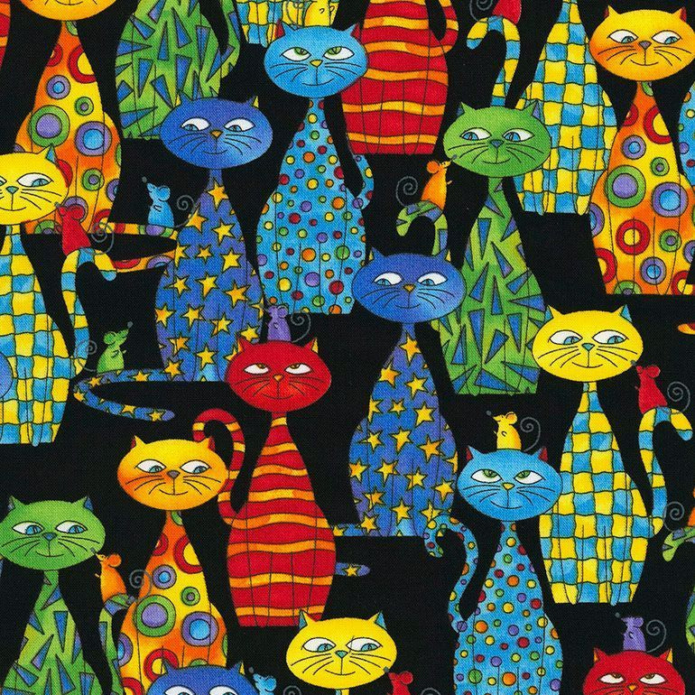 Timeless Treasures Packed Bright Colourful Cats Feline Animals Black Remnant (43cm x 112cm TT Meow You Doing? 1)