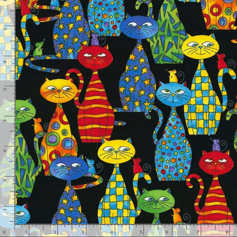Timeless Treasures Packed Bright Colourful Cats Feline Animals Black Remnant (43cm x 112cm TT Meow You Doing? 1)