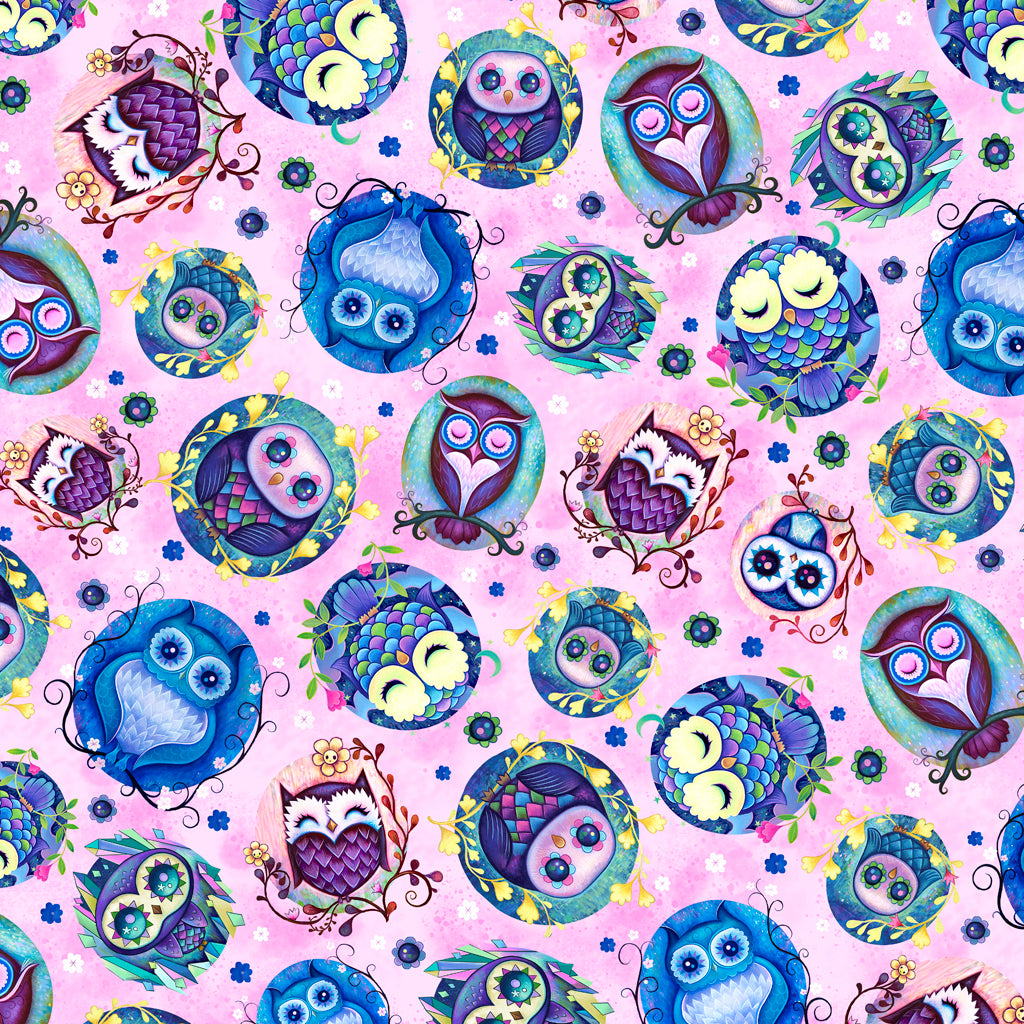 P & B Textiles Large Owl Bird Quirky Unusual Pink (PB Hootie Patootie 2)