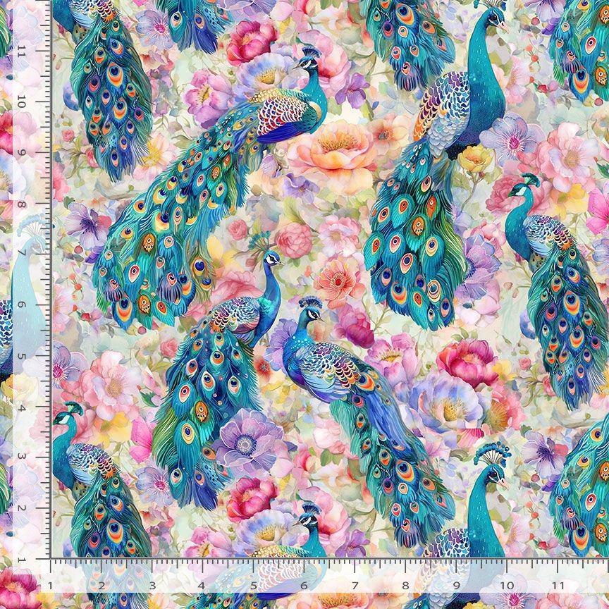 Timeless Treasures PLUME-CD3962 Multi Peacocks on Floral Quilting Cotton Remnant (58cm x 112cm TT Wild Beauty 2)