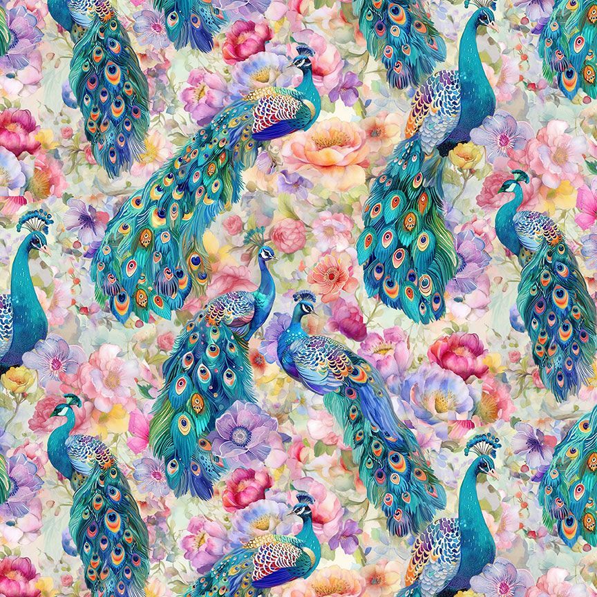 Timeless Treasures PLUME-CD3962 Multi Peacocks on Floral Quilting Cotton Remnant (58cm x 112cm TT Wild Beauty 2)