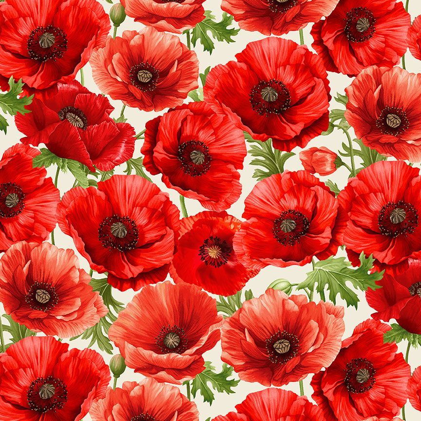 Timeless Treasures Red Large Poppy Flowers Remembrance Day Cream (TT Poppy Passion 2)