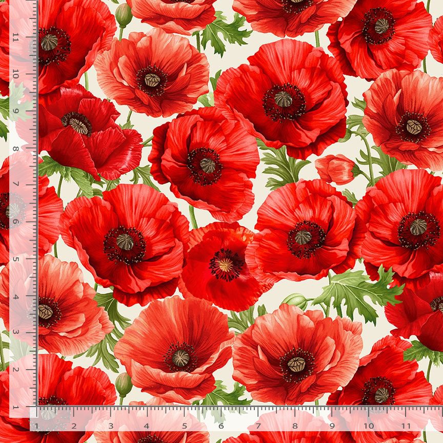 Timeless Treasures Large Poppy Floral Cream Remnant (46cm x 112cm TT Poppy Passion 2)