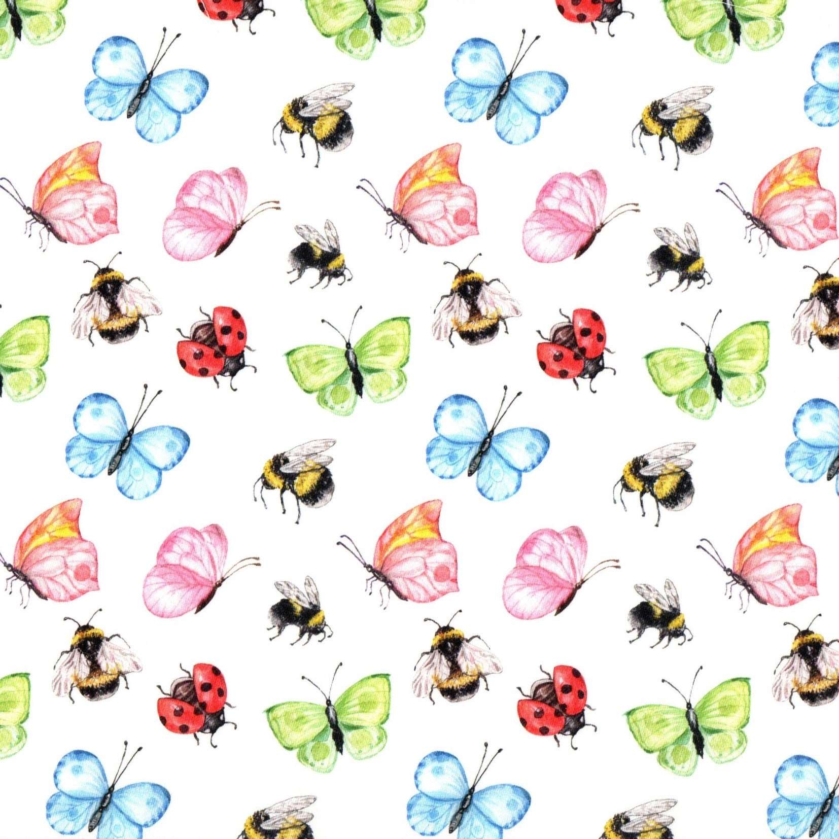 Quirky Cottons Butterflies Bees Ladybirds Animals White (QC Butterflies & Bees-1 METRE PIECE)