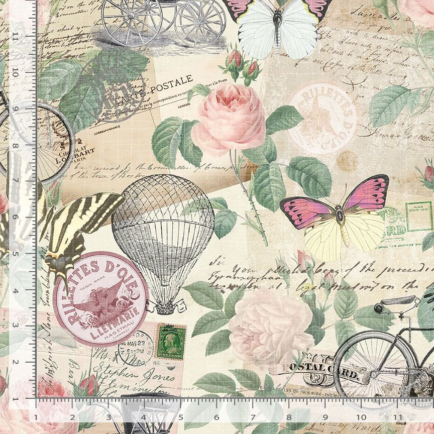 Timeless Treasures Postcard Collage Rose Butterfly Cream Remnant (49cm x 112cm TT Jardin 1)
