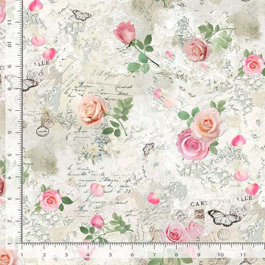 Timeless Treasures Vintage Scrapbook Roses Butterflies Text Beige (TT Bellerose 4)