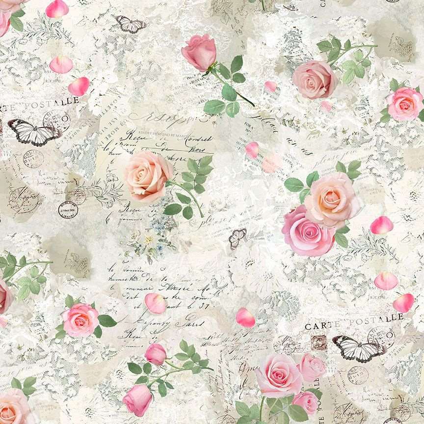 Timeless Treasures Vintage Scrapbook Roses Butterflies Text Beige (TT Bellerose 4)