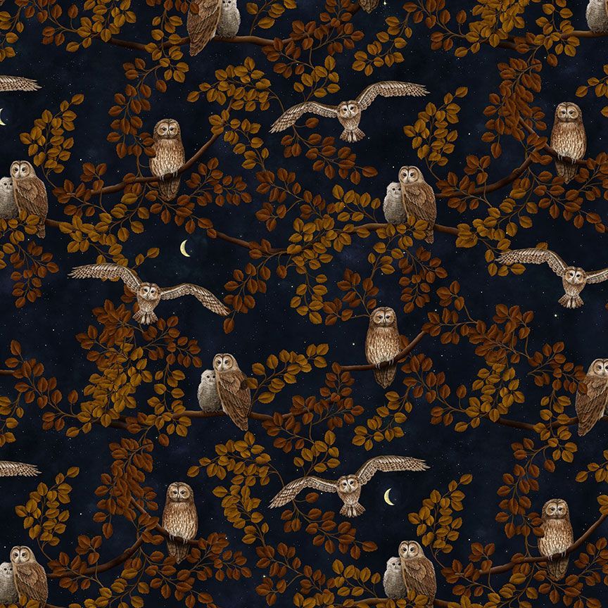 Timeless Treasures Night Flying Tawny Owl Bird Feathers Branches Dark Blue Black (TT Night Owl 1)