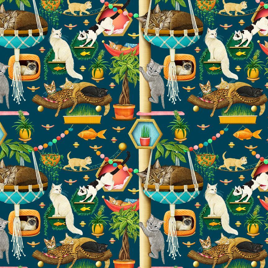 Timeless Treasures ROSIE CD4127 NAVY 100% Cotton Cat Fabric – Cat Trees & Perches Novelty Cotton | Quilting & Craft Fabric (TT Feline Fanatic 1)